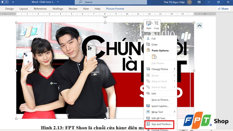 Chọn Size and Position