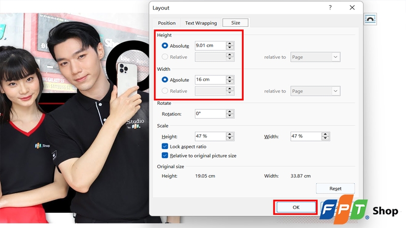 Chọn nút OK sau khi đã nhập xong kích thước