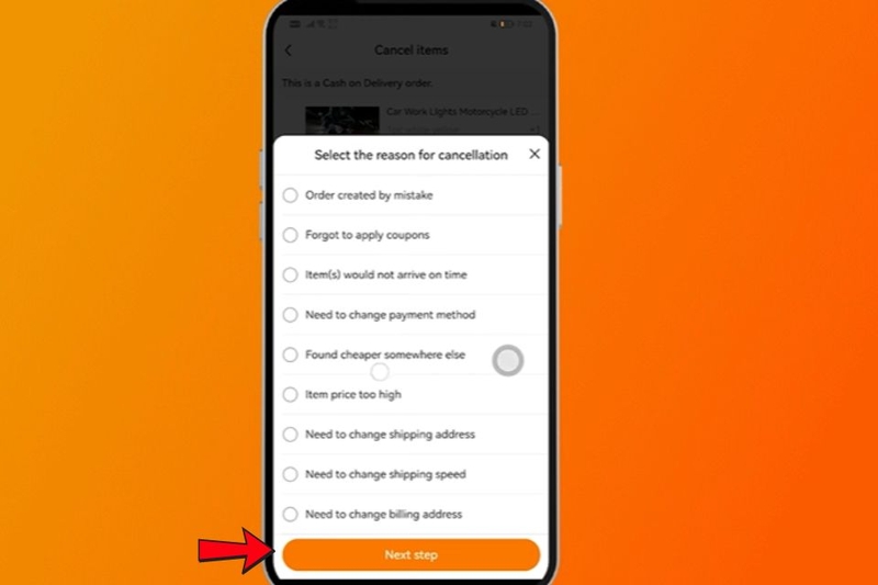 Lựa chọn nguyên nhân mà bạn muốn hủy đơn