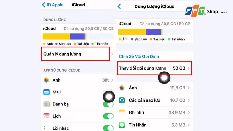 Nhấn vào Quản lý dung lượng và chọn Thay đổi gói dung lượng