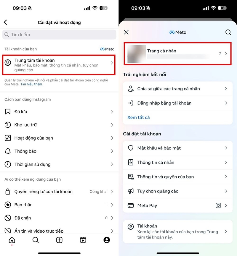 Trong giao diện cài đặt, chọn mục Trung tâm tài khoản