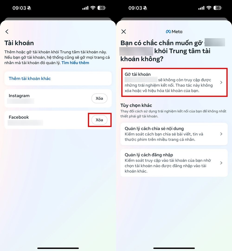 Nhấn vào tên tài khoản Facebook đang liên kết với Instagram