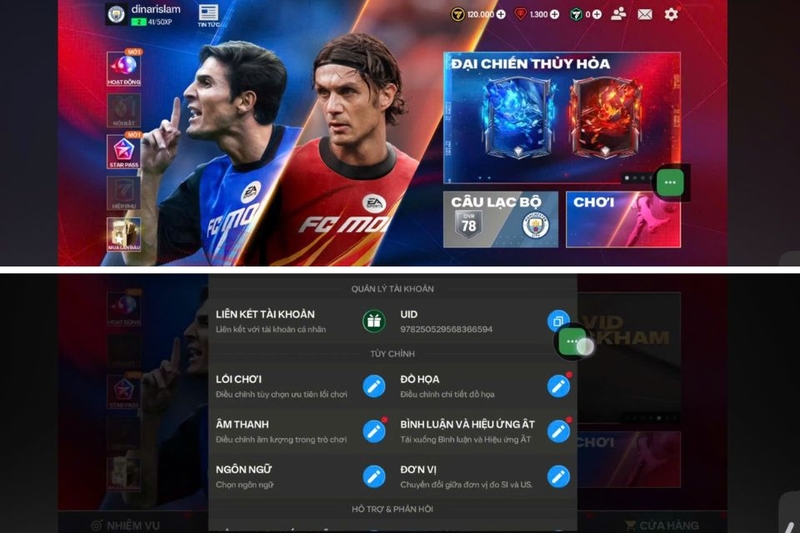 Trên giao diện chính của FC Mobile, người chơi truy cập vào Cài đặt