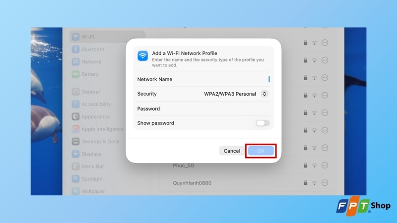 Nhập tên mạng, loại bảo mật và mật khẩu Wi-Fi ẩn