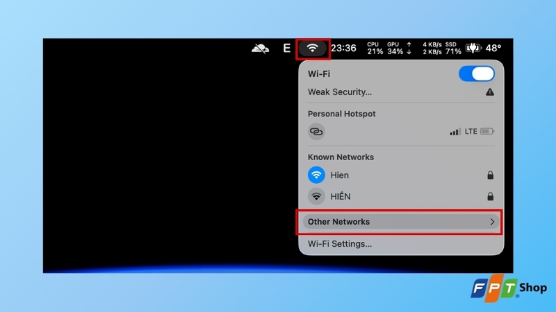Mở biểu tượng Wi-Fi và chọn Mạng khác