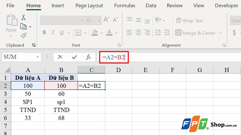 Nhập công thức xác định giá trị bằng nhau