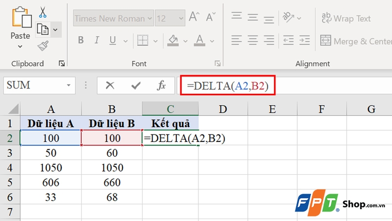 Nhập công thức hàm DELTA