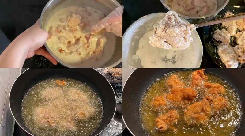 Thực hiện thao tác rán gà bằng dầu chiên
