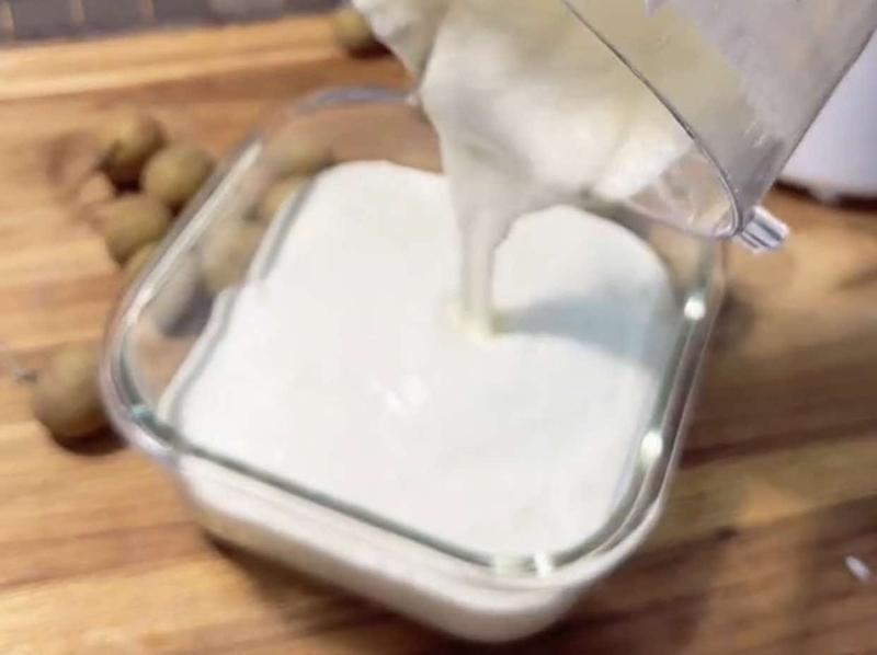 Đổ hỗn hợp kem nhãn đã xay nhuyễn ra khuôn