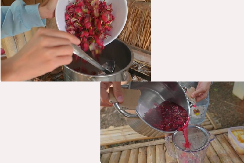 Dùng rây lọc để loại bỏ xác hoa atiso, giữ lại phần nước trà