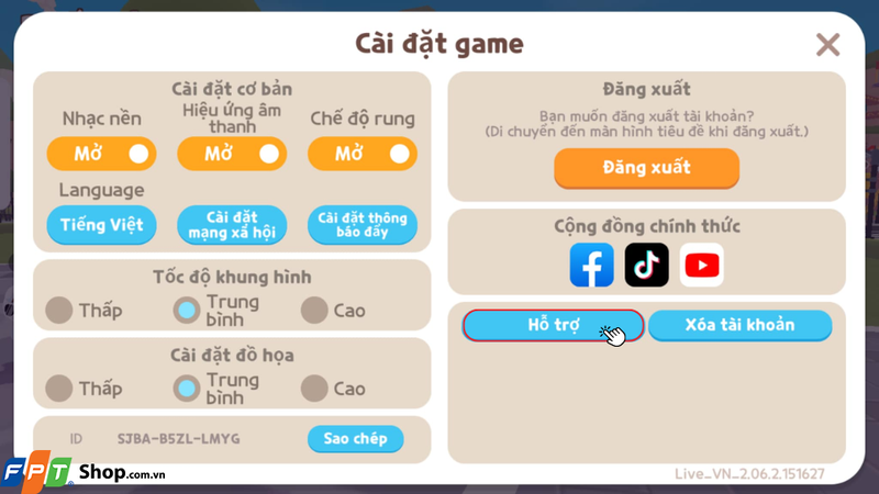 Tại giao diện Cài đặt của trò chơi, bạn hãy chọn mục Hỗ trợ