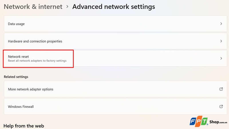 Nhấn vào Network reset