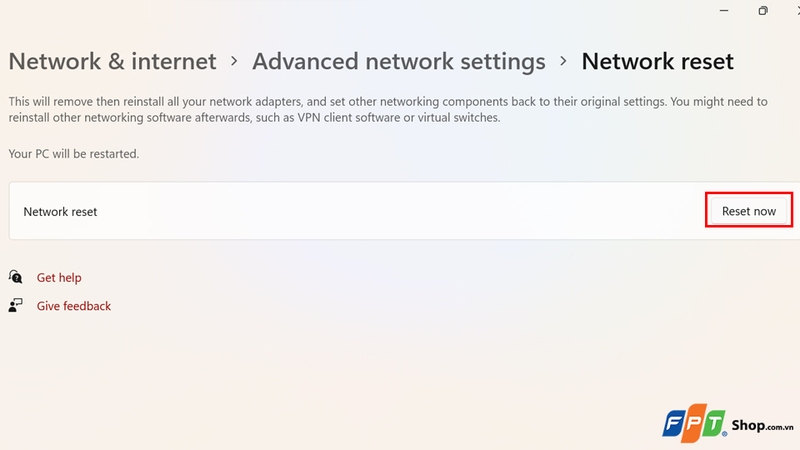 Chọn nút Reset now