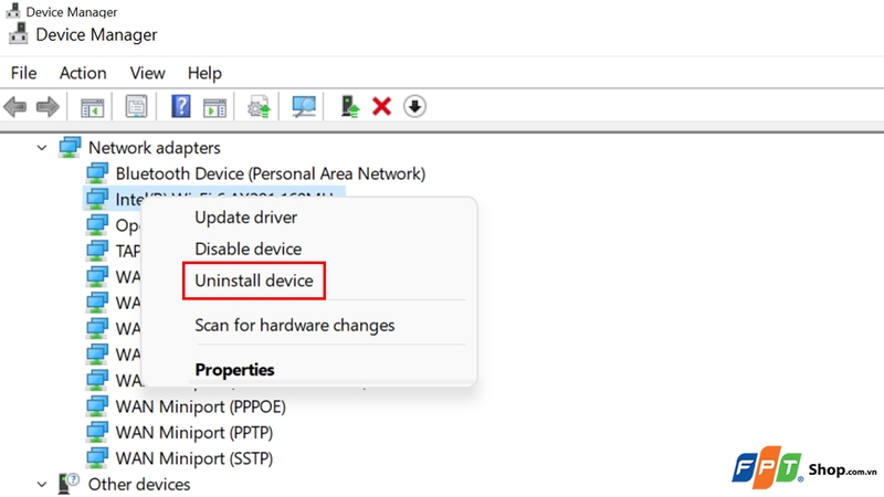 Chọn Uninstall device rồi khởi động lại máy