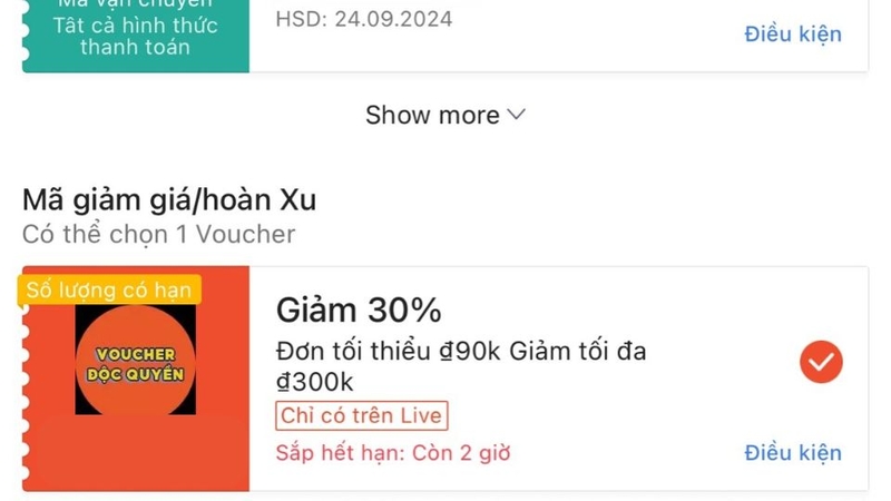 Sử dụng mã giảm khi có live trên Shopee