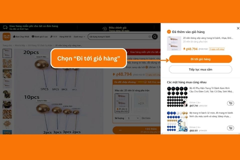 Chọn Đi tới giỏ hàng để bắt đầu thực hiện thanh toán sản phẩm