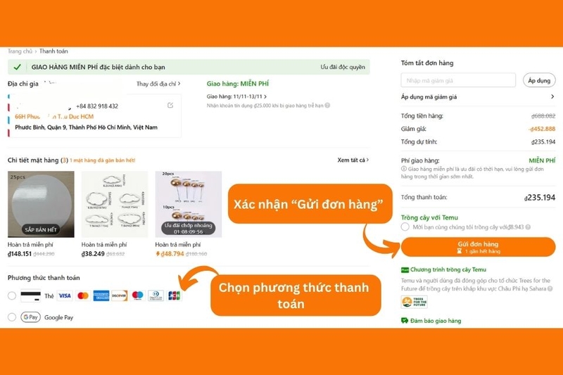 Chọn phương thức thanh toán phù hợp và xác nhận gửi đơn hàng