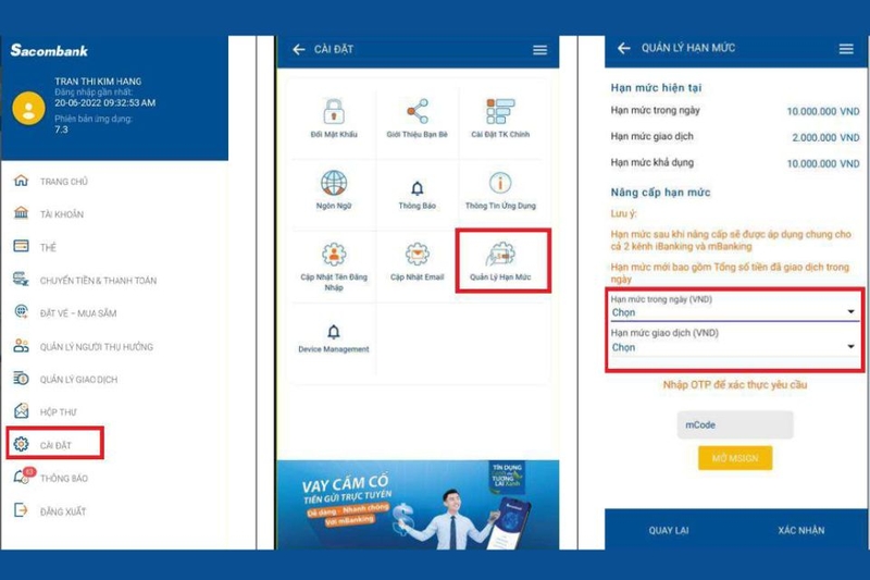 Tại giao diện chính, chọn mục “Cài đặt” sau đó tiếp tục chọn “Quản lý hạn mức”