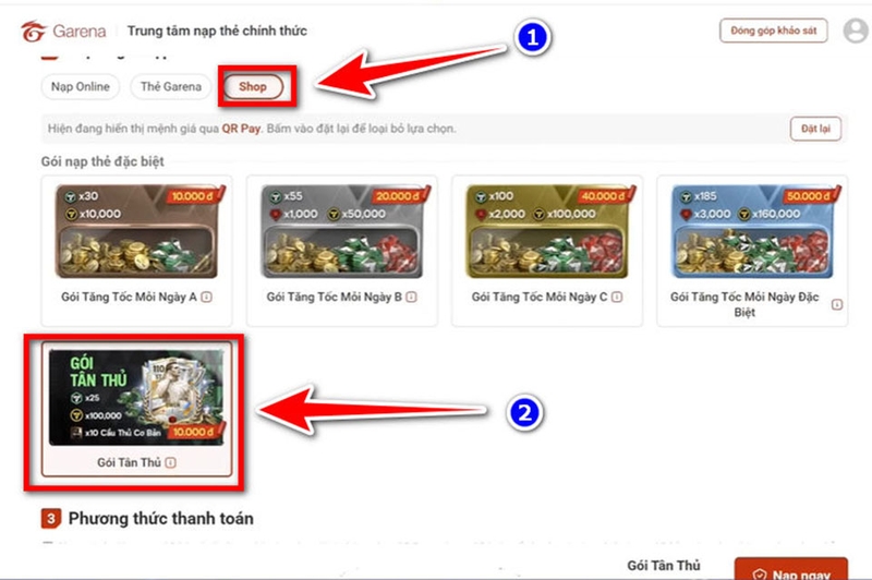 Chọn mục “Shop” và gói nạp
