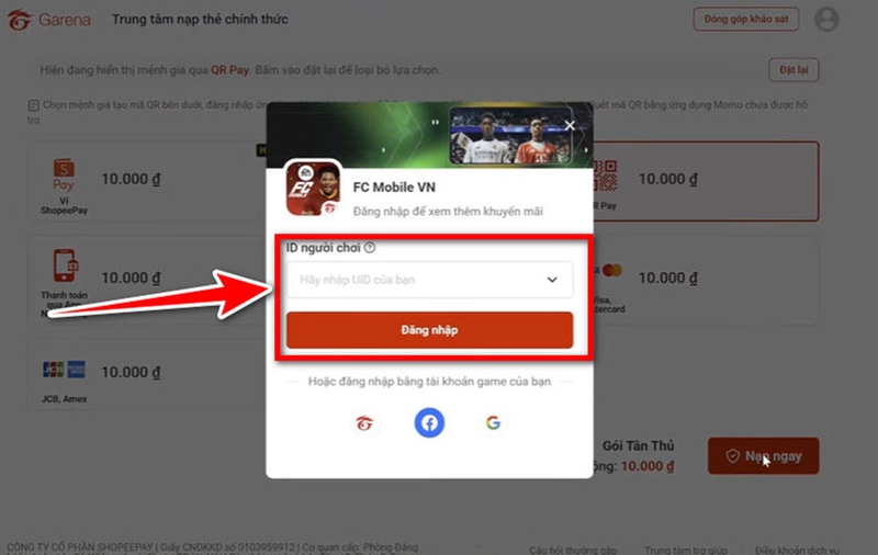 Nhập ID người chơi FC Mobile