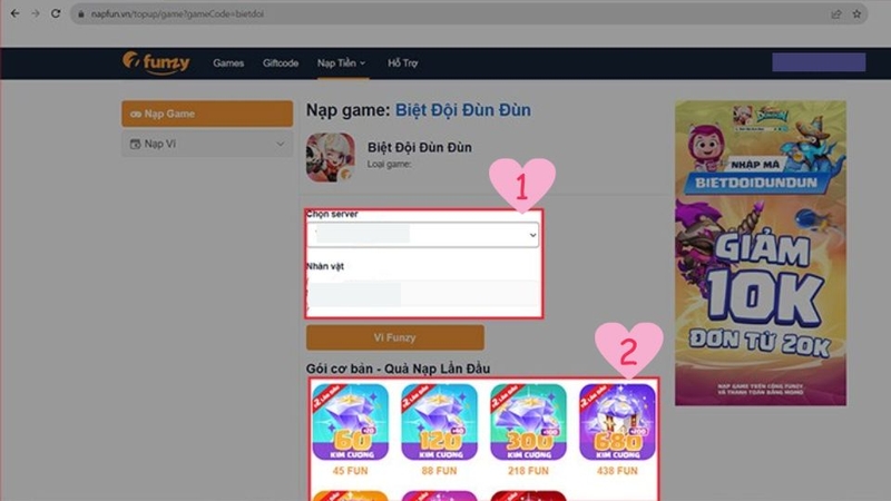 Chọn server và các gói nạp  loading=