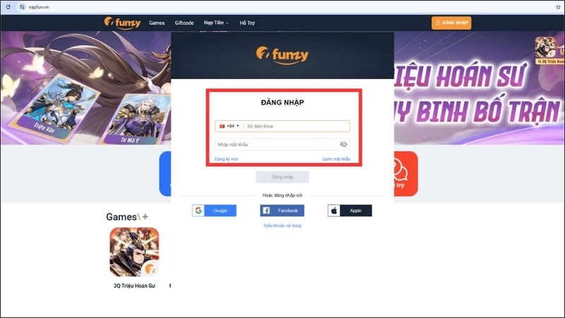 Đăng nhập vào tài khoản Funzy