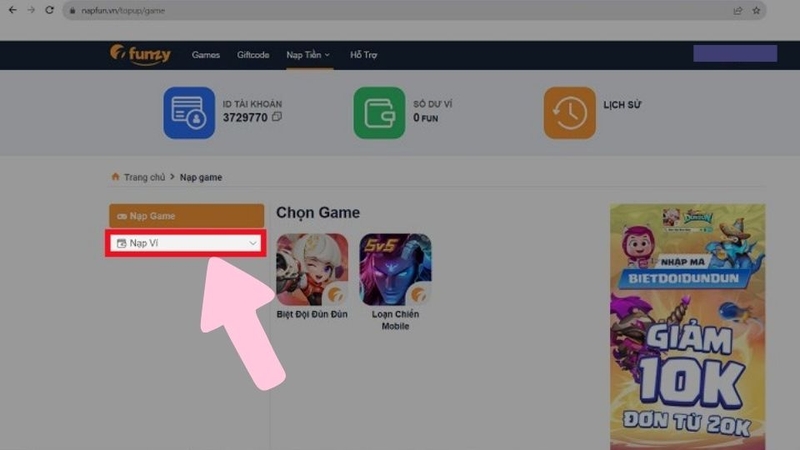 Bấm chọn vào ô Nạp Ví