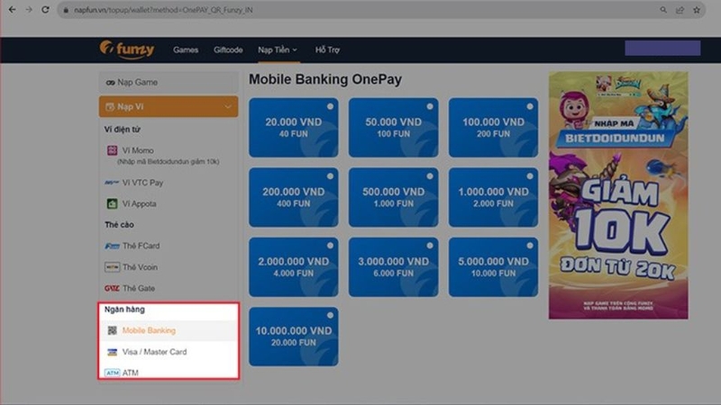 Nạp bằng ngân hàng (Mobile Banking, Visa /MasterCard, ATM)