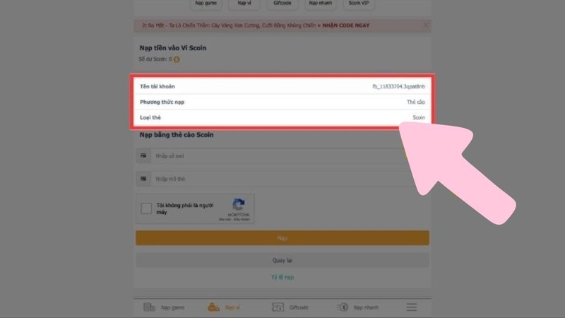 Nạp qua thẻ Scoin
