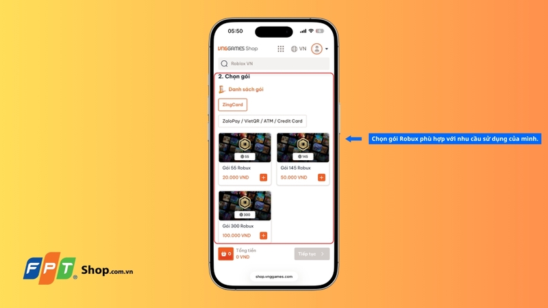 Bước 3: Chọn gói Robux phù hợp