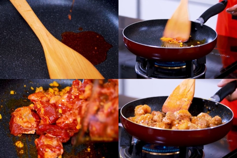 Cho phần thịt bò đã được ướp gia vị vào chảo dầu điều vừa phi tỏi