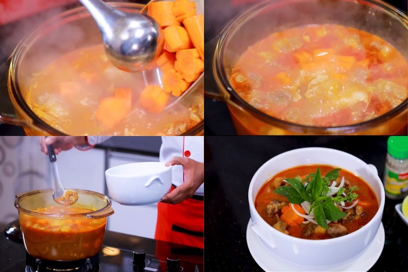 Cuối cùng, bạn múc ra tô rồi trang trí thêm rau để bát bò kho bắt mắt hơn