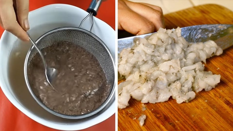 Sơ chế cua đồng, tôm và rau muống sạch sẽ