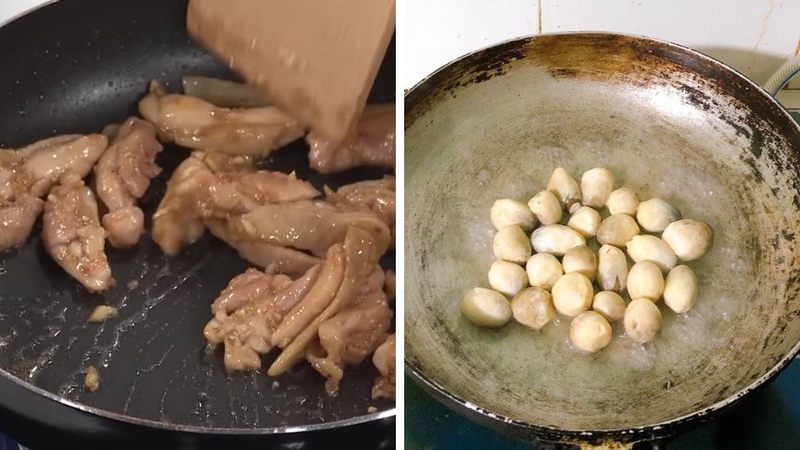 Bước 3: Xào gà và nấm rơm