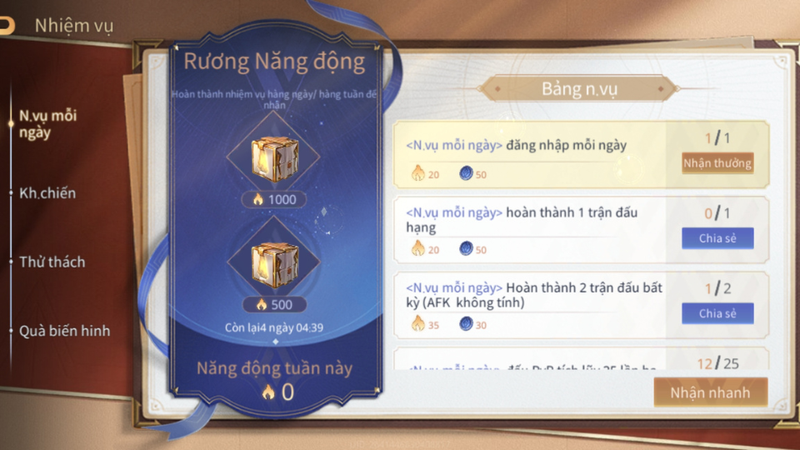 Đăng nhập vào game và làm nhiệm vụ thường xuyên