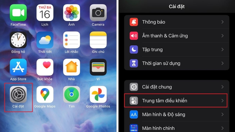 Mở Cài đặt trên iPhone rồi chọn Trung tâm điều khiển