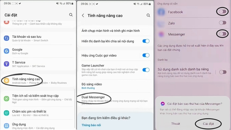 Vào Tính năng nâng cao => Dual Messenger => bật ON ở Facebook, Messenger rồi chọn Cài đặt