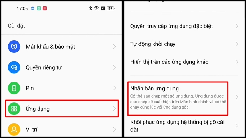 Vào mục Ứng dụng trong Cài đặt rồi chọn Nhân bản ứng dụng