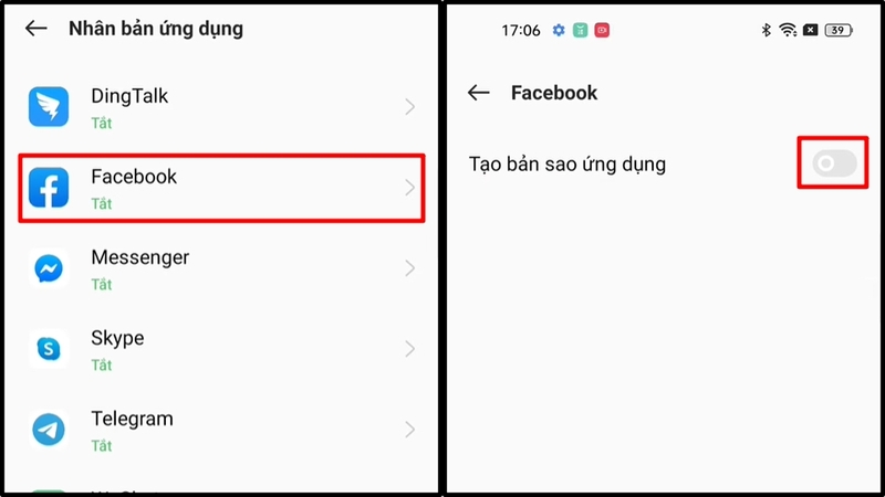 Chọn Facebook rồi bật mở Tạo bản sao ứng dụng