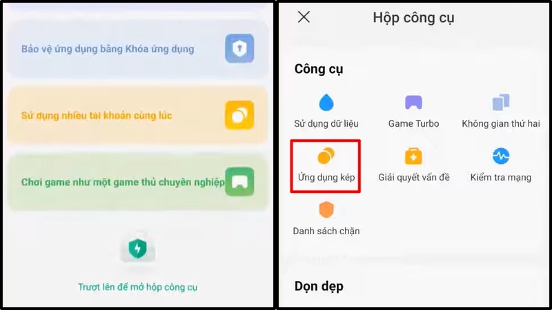 Mở Hộp công cụ trong app Bảo mật rồi chọn Ứng dụng kép