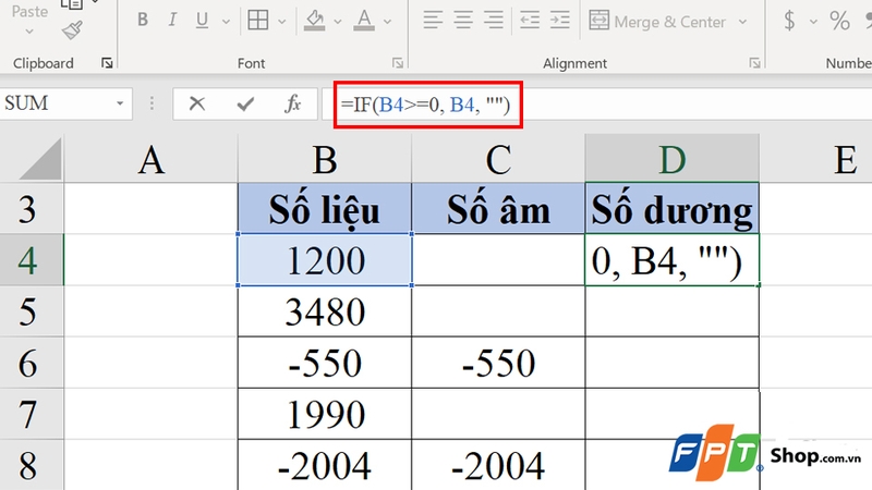 Nhập công thức để hiển thị số dương