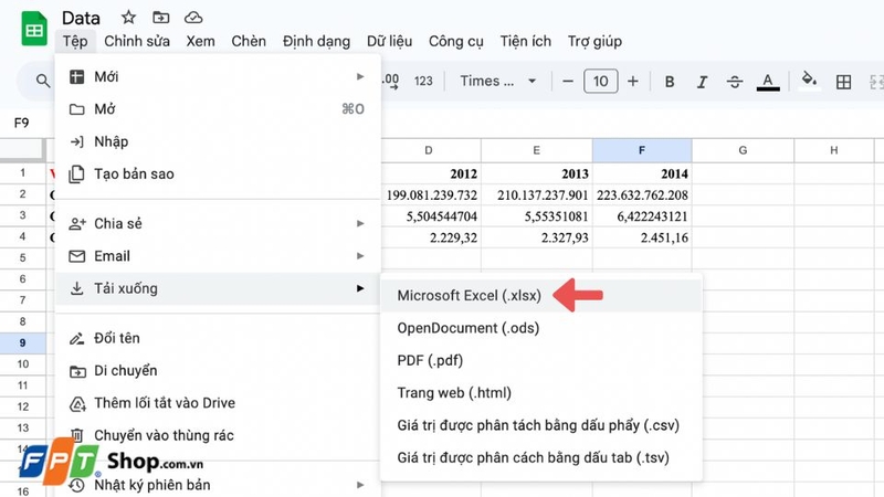 Chọn Microsoft Excel để tải file Excel từ Google Trang tính