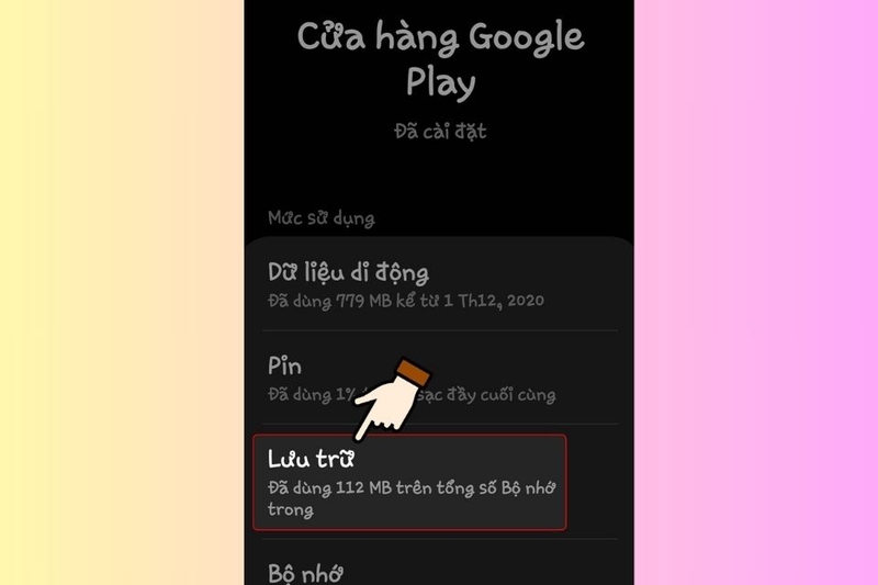 Truy cập vào mục "Lưu trữ" hoặc "Storage"