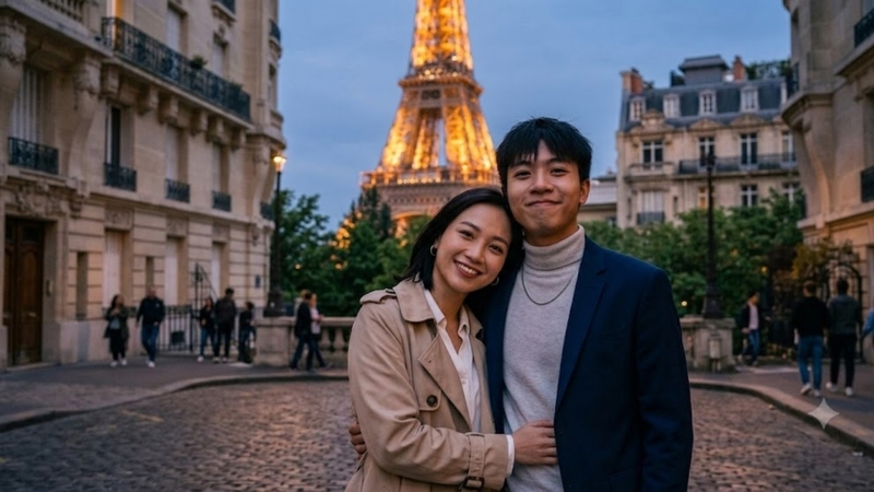 Prompt ảnh cặp đôi dưới tháp Eiffel