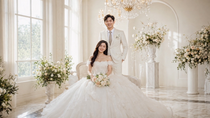 Prompt tạo ảnh cưới AI trong studio sang trọng