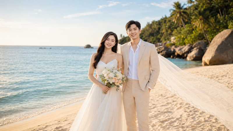 Prompt tạo ảnh cưới AI trên bãi biển
