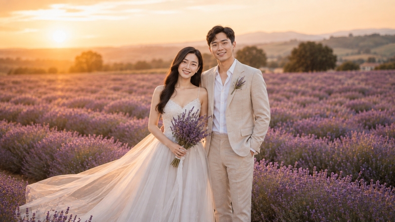 Prompt tạo ảnh cưới AI giữa cánh đồng hoa