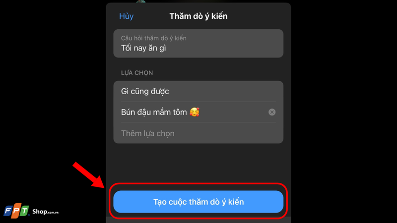 Bấm vào "tạo cuộc thăm đò ý kiến"