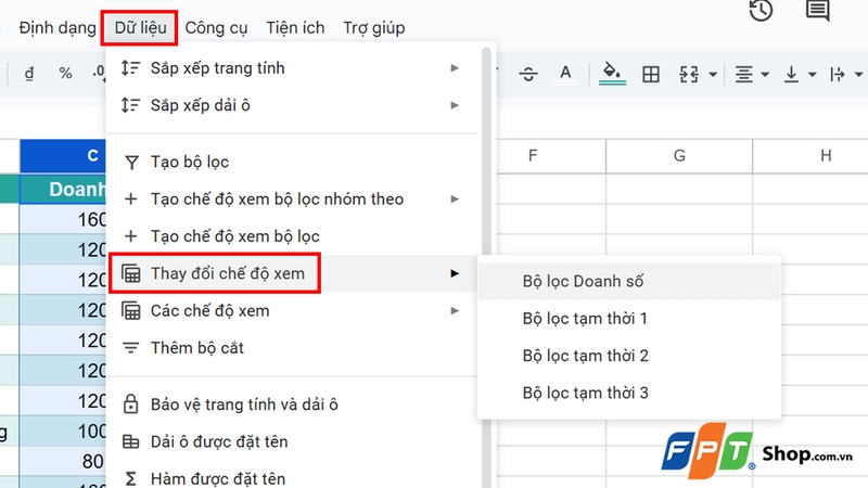Google Sheets cho phép xem lại bộ lọc đã lưu