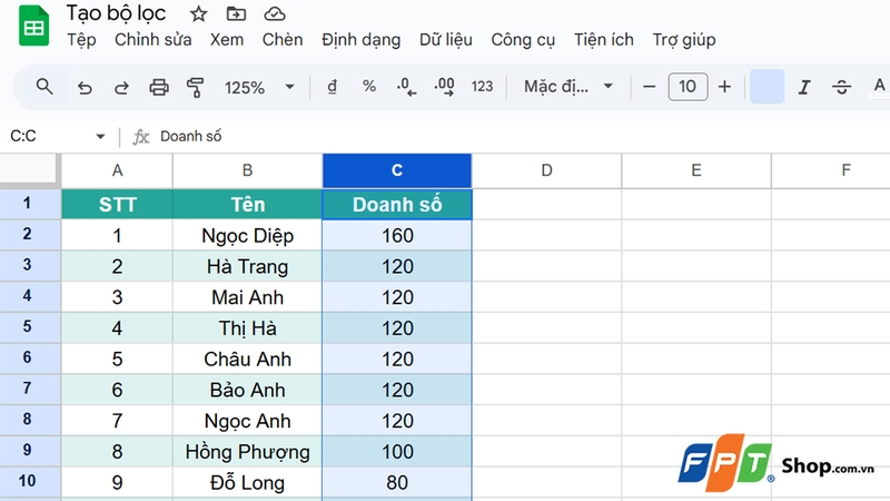 Chọn vùng dữ liệu cần tạo bộ lọc